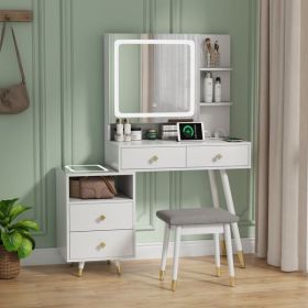 FCH Pitted Particle Board With Melamine Paste, Solid Wood Legs With Copper Sheath Decoration, 4 Drawers, 2-Layer Shelf, Mirror Cabinet With Strip