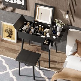 27.9" Black Makeup Vanity Desk with Flip Top Mirror and LED Light, Dressing Table with Charging Station, 2 Drawers and Fold-up Panel