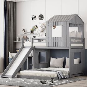Wooden Twin Over Full Bunk Bed, Loft Bed with Playhouse, Farmhouse, Ladder, Slide and Guardrails, Gray(OLD SKU :LT000028AAN)