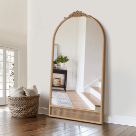 71"*37"Solid wood carved rattan right-angled arched brown full-length mirror for Living Room, Bedroom, Hanging or Leaning Against The Wall