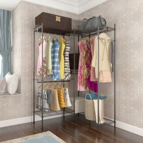 4 Rows Of Clothes Bars Plus 7 Layers Of Shelves With One Row Of 4 Hooks Clothes Hooks Variant Open Wardrobe 180x35x195cm Black (Color: Black)