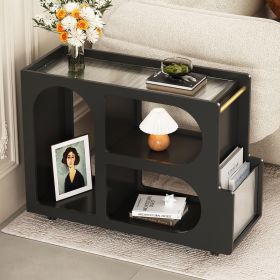 Mobile End Table with Lockable Wheels, Narrow Coffee Table with 5mm Thick Fluted Tempered Glass, Modern Nightstand with Golden Round Rod, Living (Color: Black, Material: MDF)