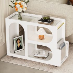 Mobile End Table with Lockable Wheels, Narrow Coffee Table with 5mm Thick Fluted Tempered Glass, Modern Nightstand with Golden Round Rod, Living (Color: White, Material: MDF)
